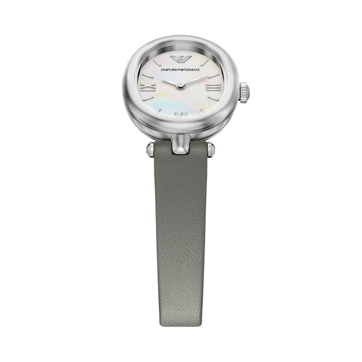 Ladies quartz wristwatch with oval silver-tone case, mother-of-pearl dial, grey leather strap