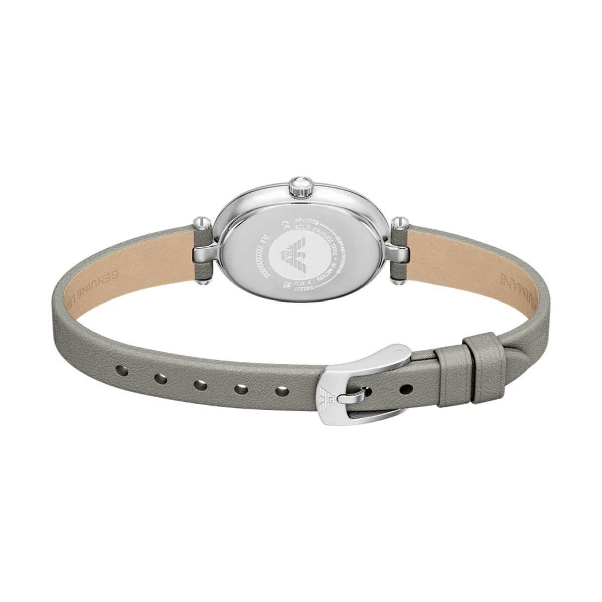 Ladies grey leather wristwatch with oval silver-tone case, pin-and-hole strap closure