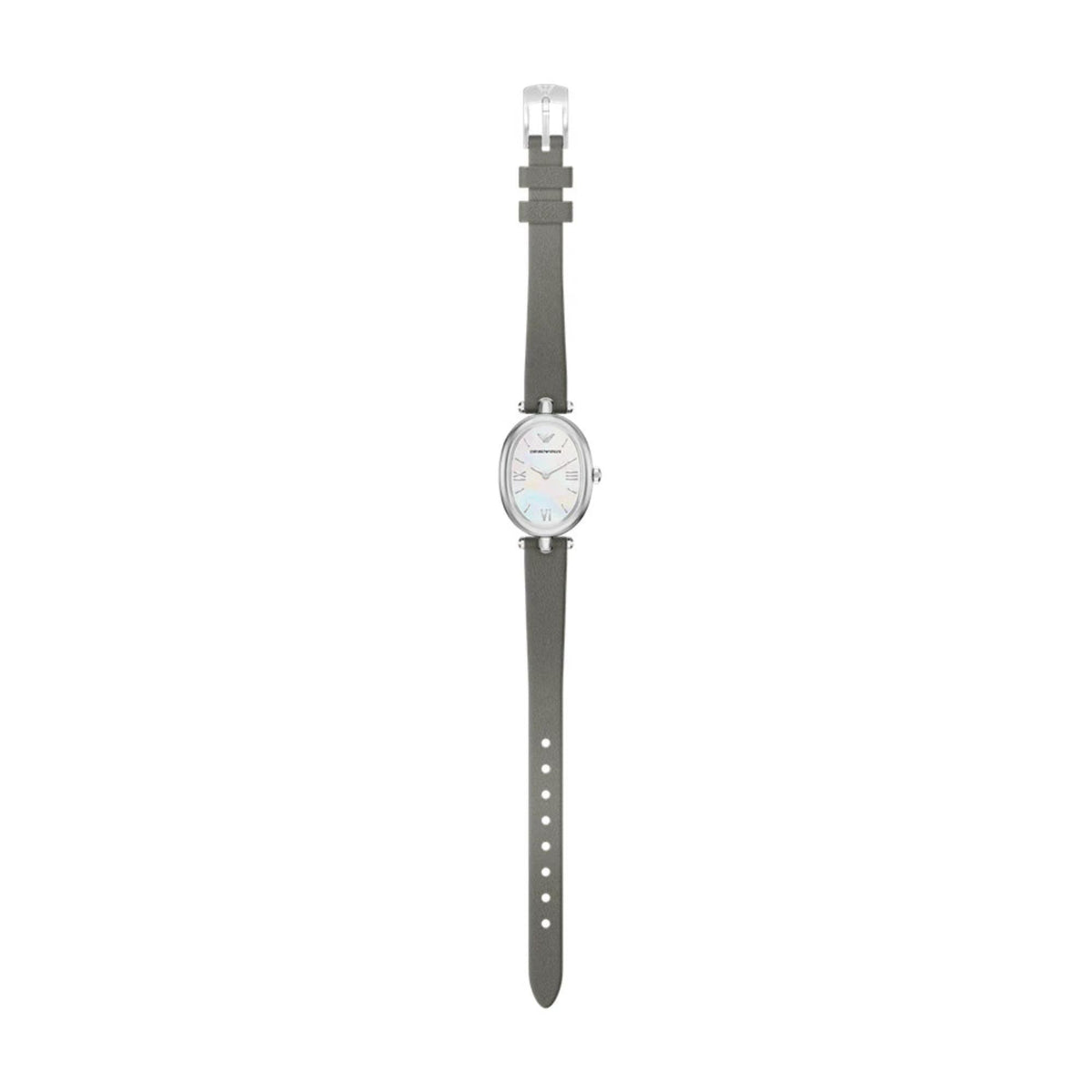 Ladies slim grey leather wristwatch with oval dial and silver-tone bezel, pin-and-hole band