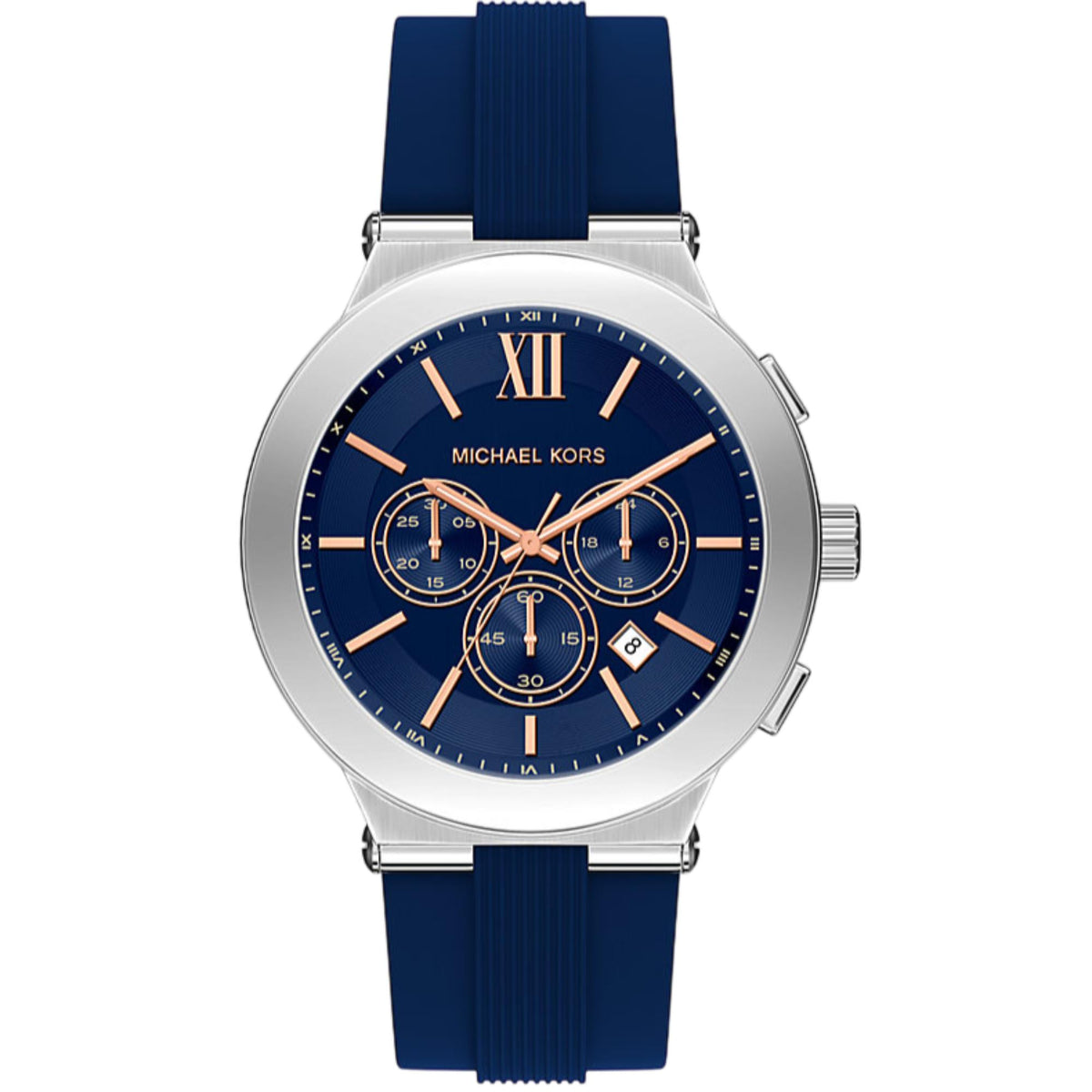 Michael Kors Billie chronograph watch with blue dial, Roman numerals, and blue silicone strap