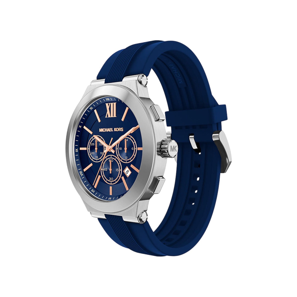 Michael Kors Billie chronograph watch, blue dial with gold accents, blue silicone strap
