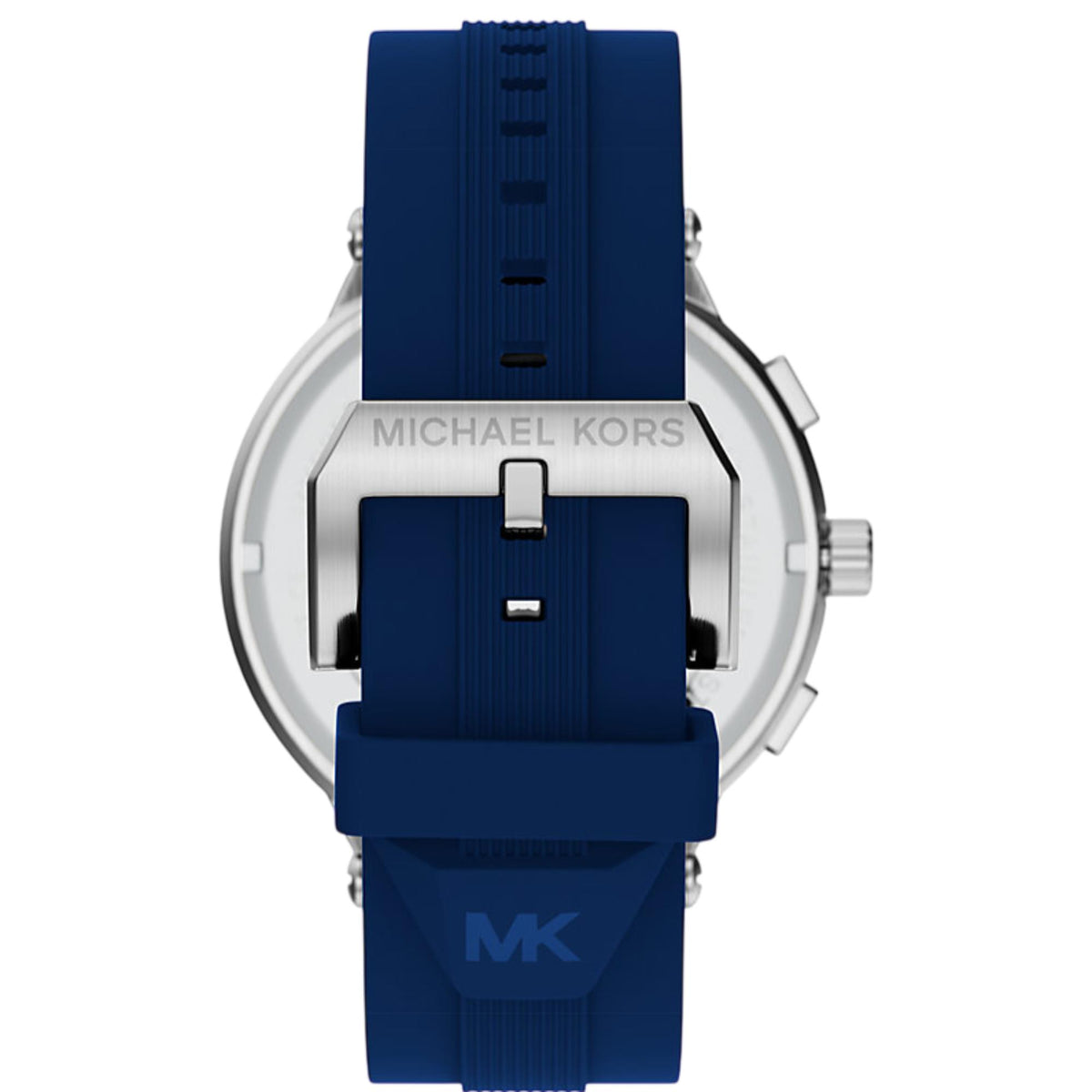 Michael Kors Billie chronograph watch case back with blue silicone strap and clasp