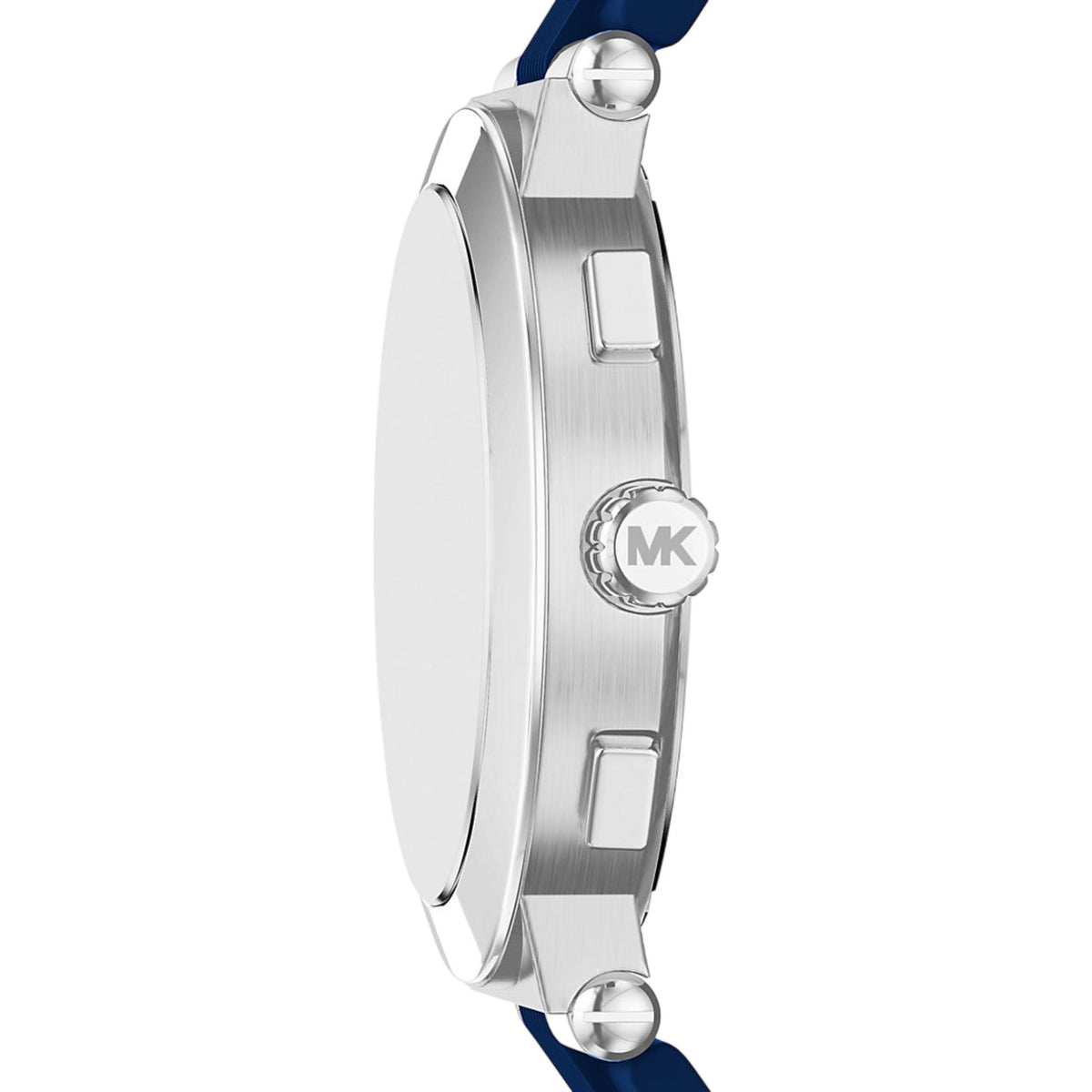 Side view of Michael Kors Billie chronograph watch with silver case and blue silicone strap