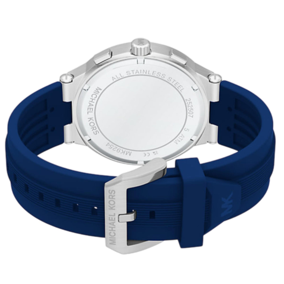 Back view of Michael Kors Billie watch with stainless steel case and blue silicone band