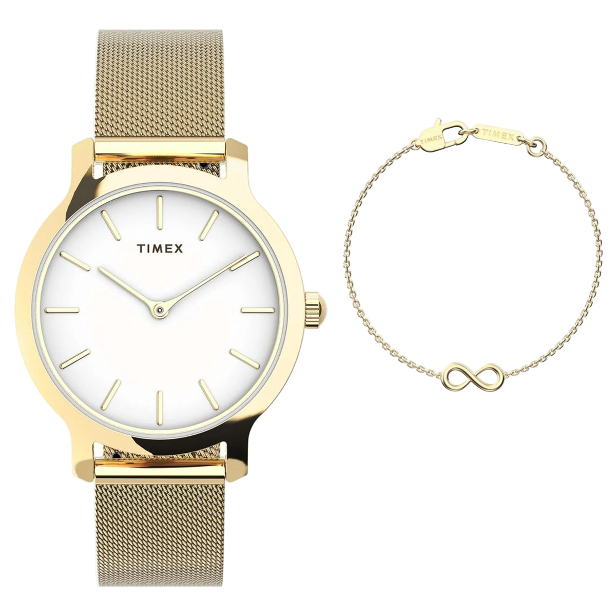 Timex ladies quartz wristwatch with white dial, gold-tone mesh band, round case