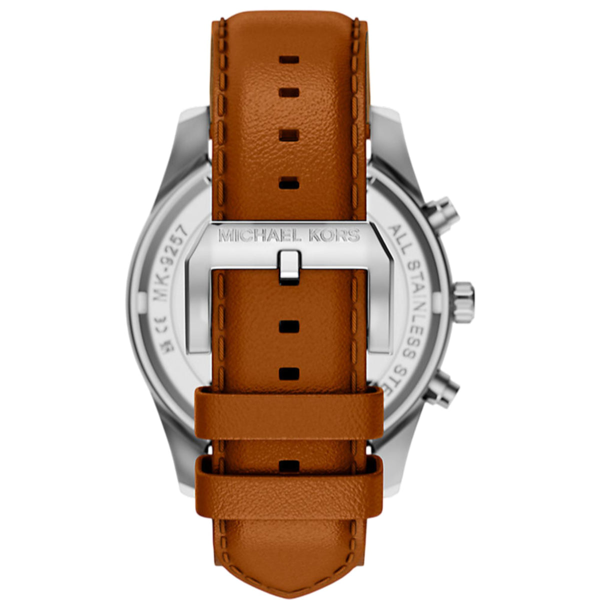 Mens chronograph watch with brown leather strap, silver case, and white dial view