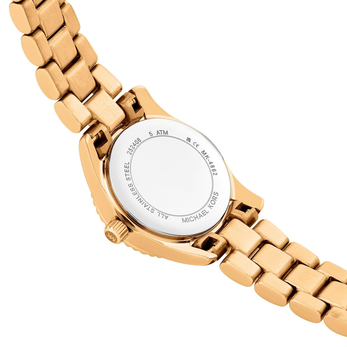 Back of gold-tone steel watch on bracelet with serial and water resistance markings