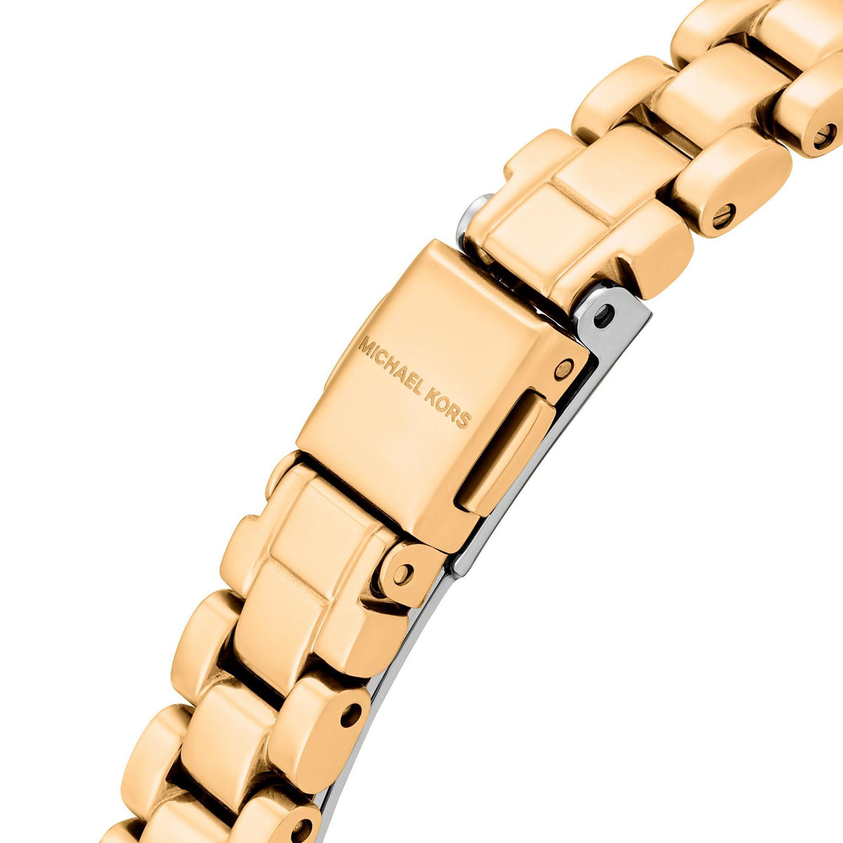 Gold-tone steel watch band clasp with connector links and spring bars