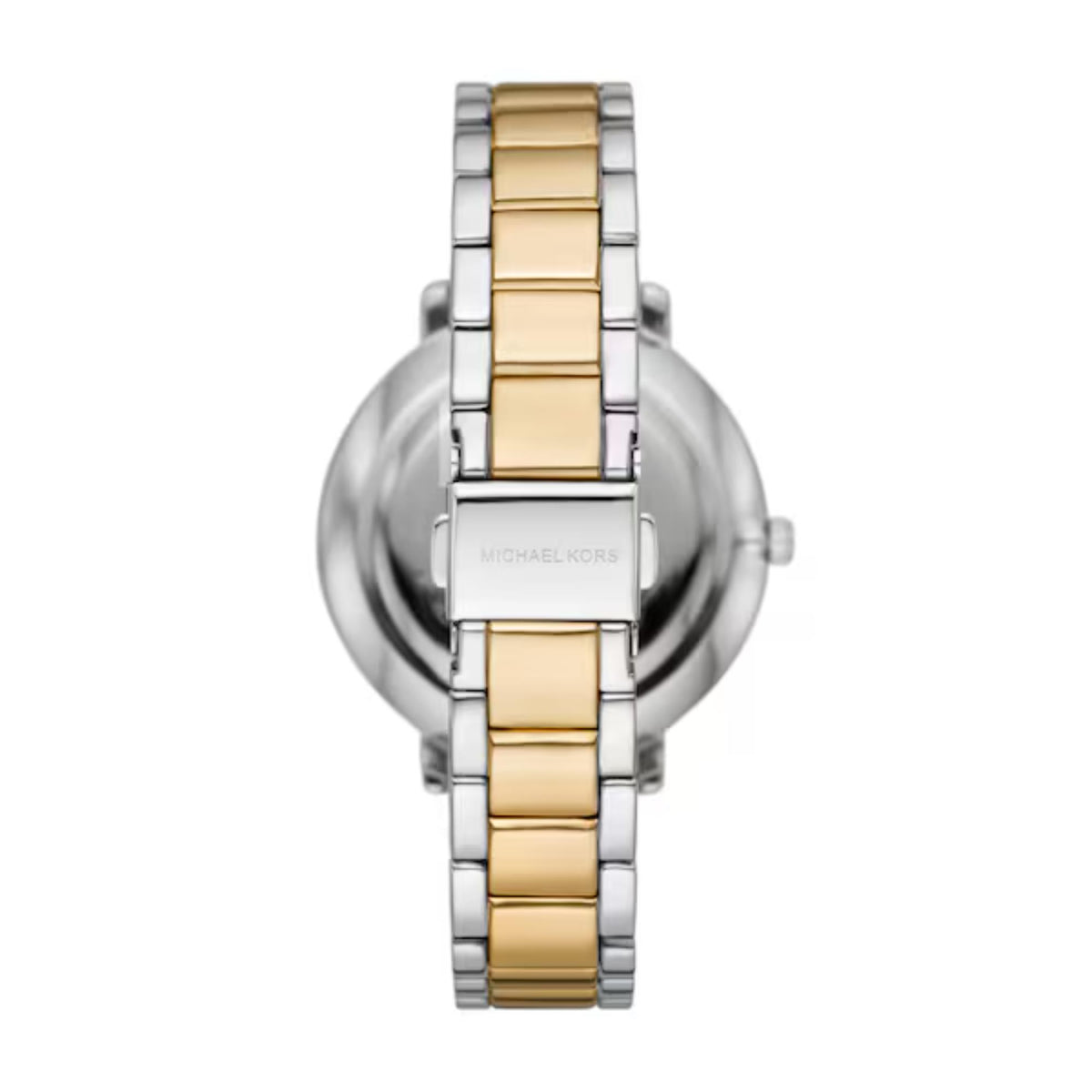 Two-tone Michael Kors Pyper watch case and link bracelet, white dial view