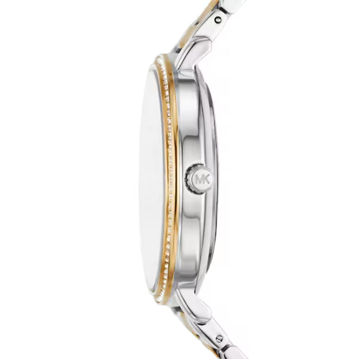 Michael Kors Pyper watch side profile with two-tone metal case and crown