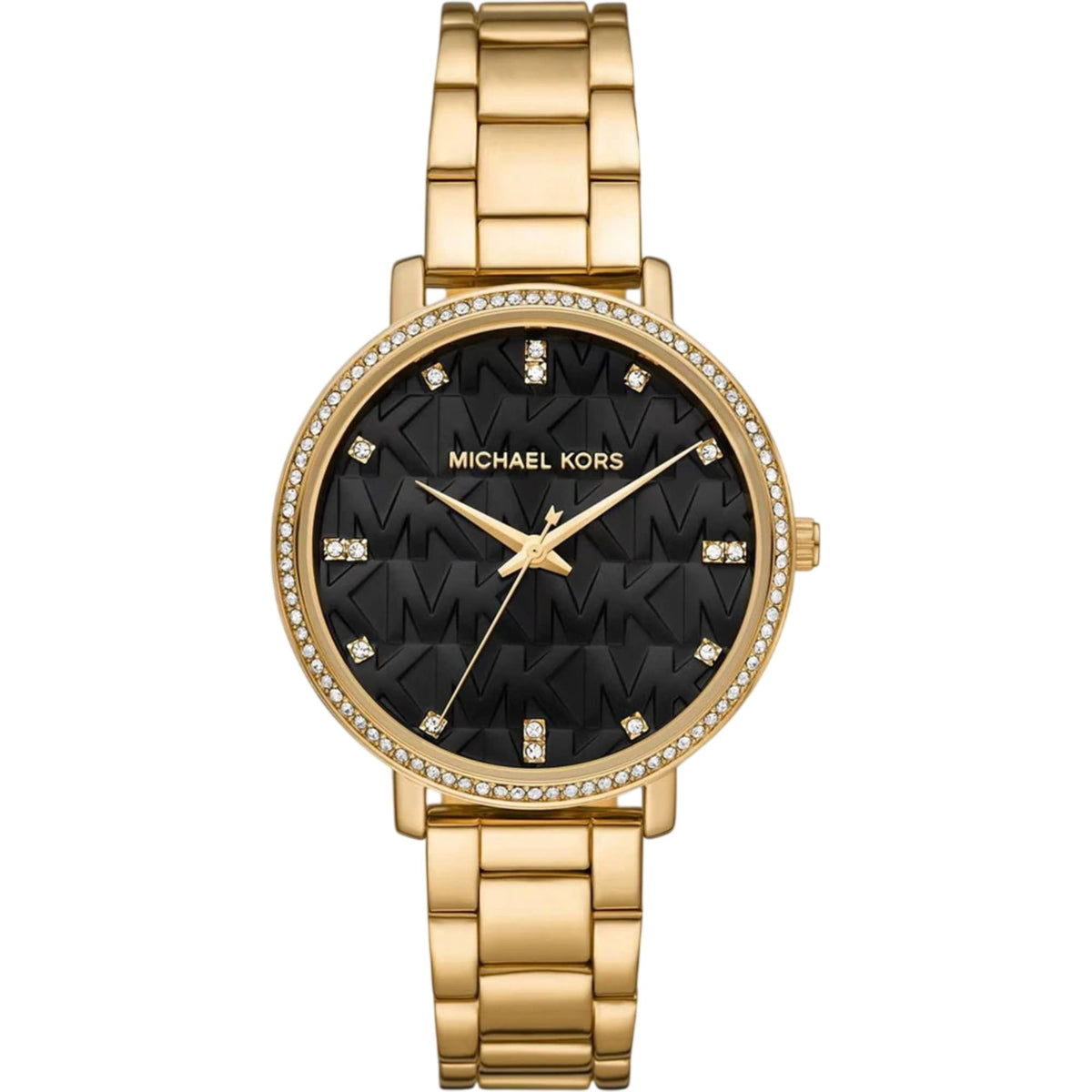Michael Kors Pyper MK4916 ladies watch front view showing a black dial, crystal set bezel, and gold-tone steel bracelet