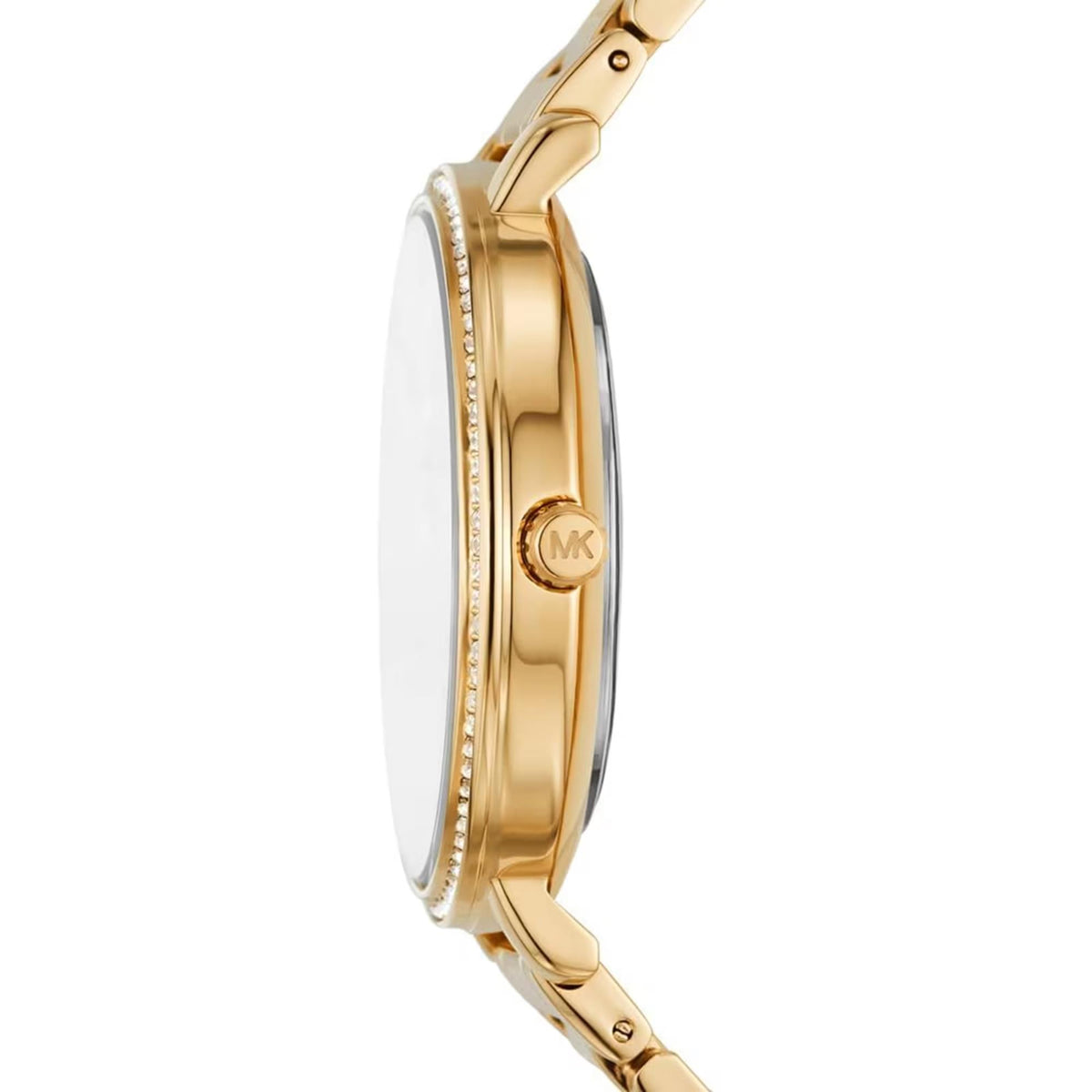 Michael Kors Pyper MK4916 ladies quartz watch side profile view featuring the gold-tone case, crystal bezel, and logo-engraved crown