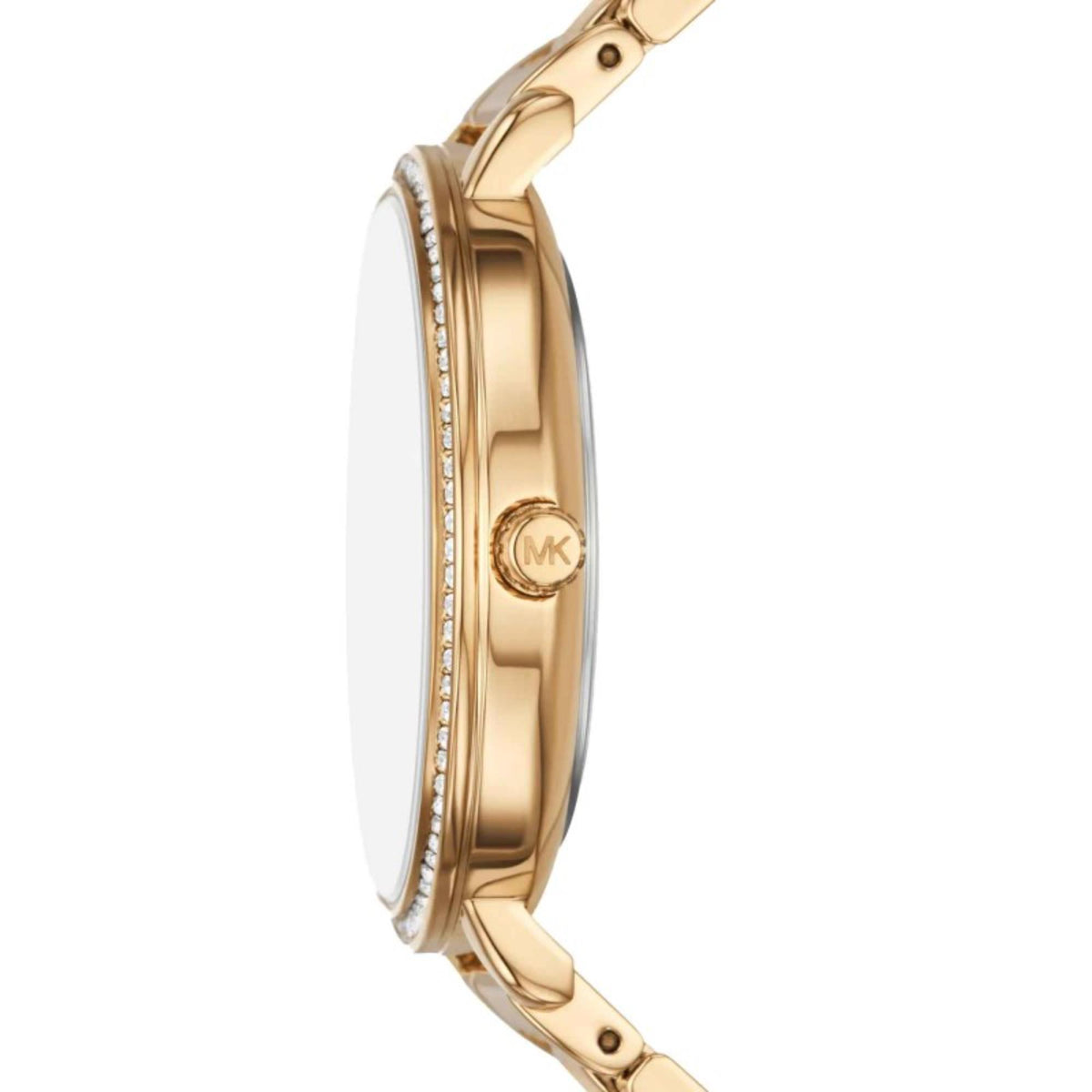 Michael Kors Pyper watch side profile, gold-tone steel case with crown, link bracelet