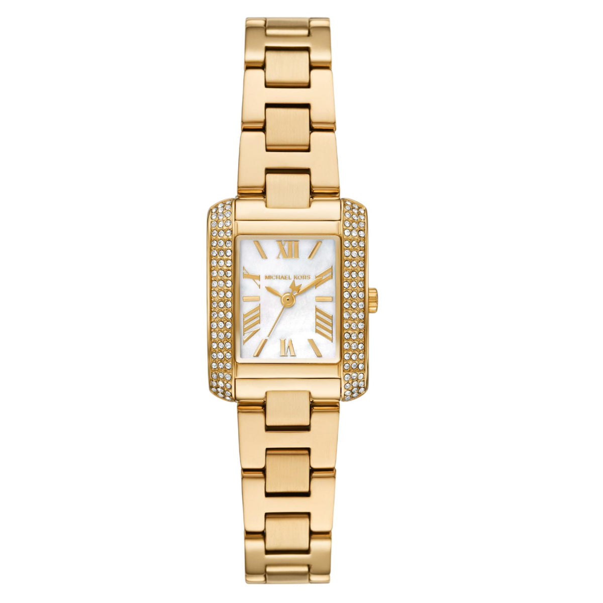 Michael Kors Emery MK4867 ladies quartz watch front view featuring white mother of pearl dial and gold-tone steel bracelet