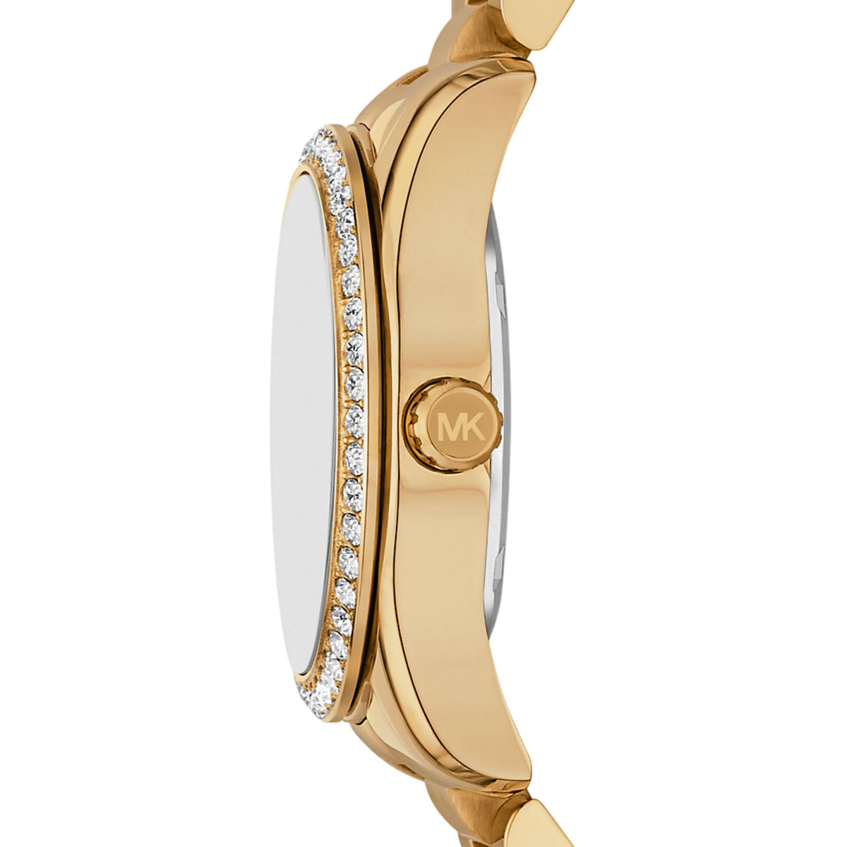 Michael Kors Lexington MK4924 side profile view highlighting the gold-tone case, stone-set bezel, and logo-engraved crown