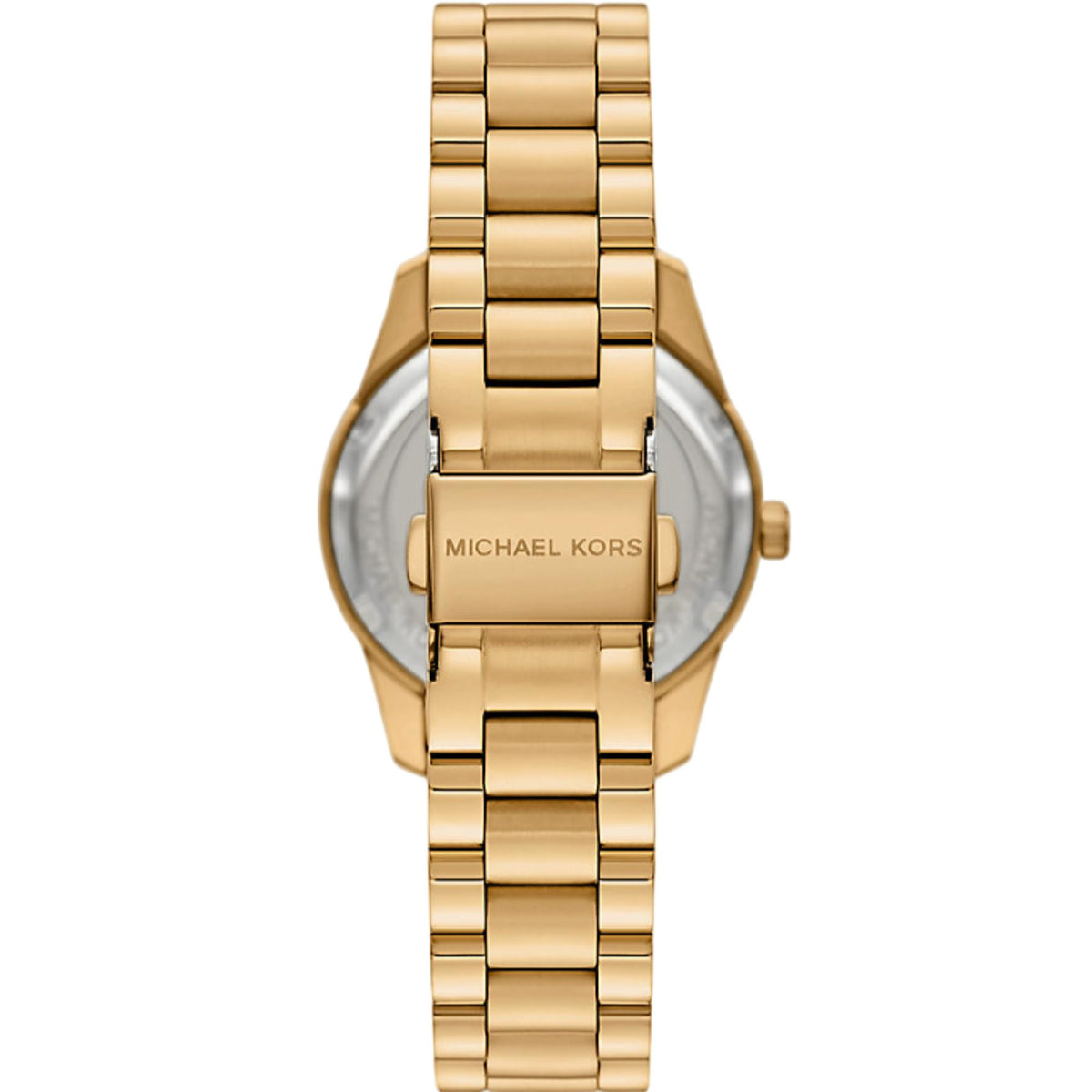 Michael Kors Lexington MK4924 rear view displaying the gold-tone steel bracelet and engraved deployment clasp