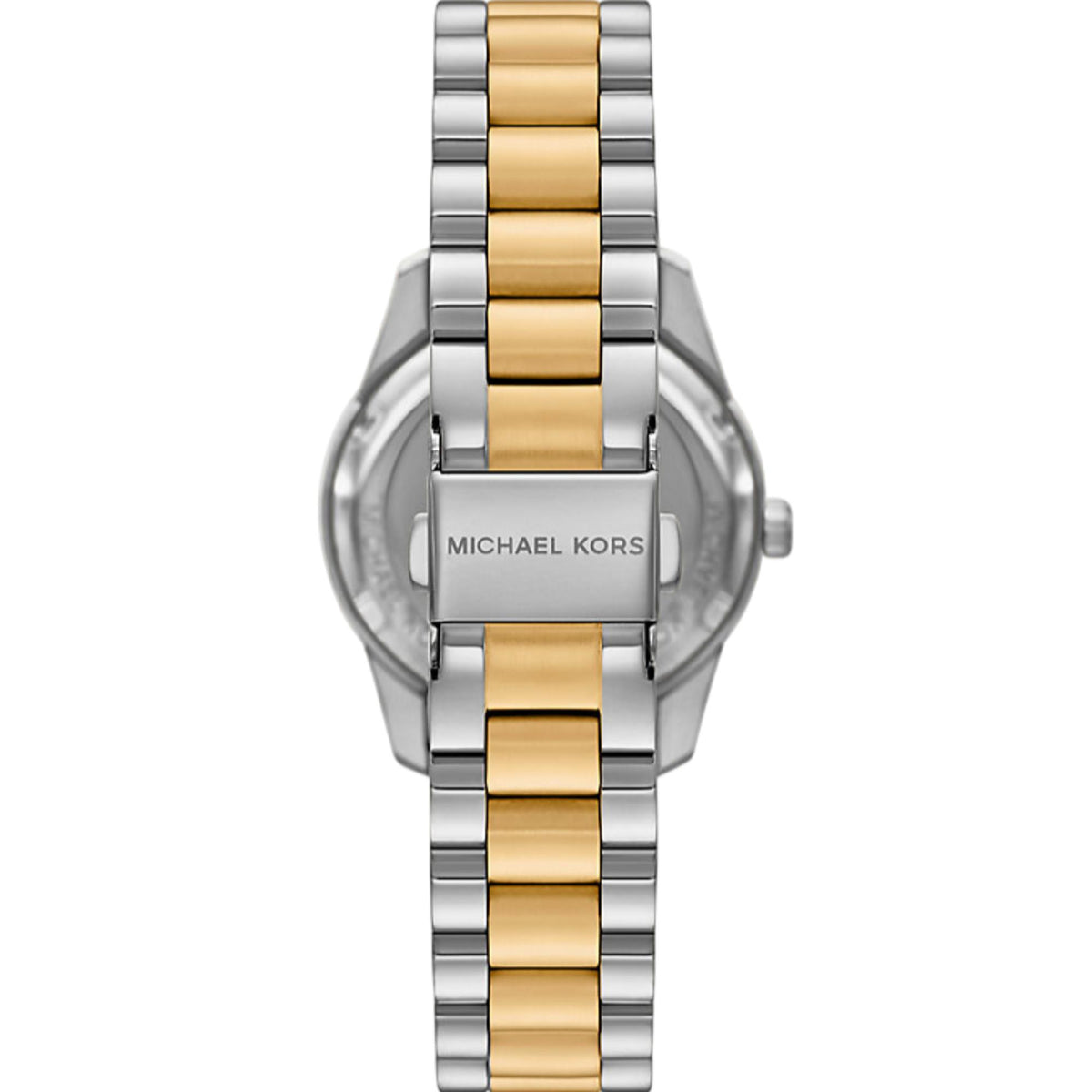 Women’s chronograph watch on two-tone steel bracelet, side view with clasp and case