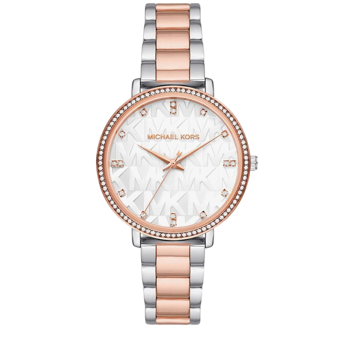 Michael Kors Pyper MK4920 ladies watch front view showing a white mother of pearl dial, crystal set bezel, and two-tone steel bracelet