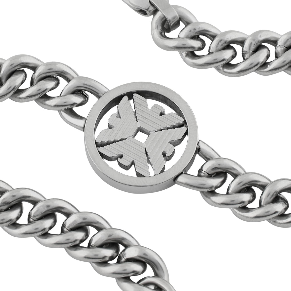 Close-up view of Emporio Armani mens bracelet EGS3041040 showing textured eagle logo central motif and curb links