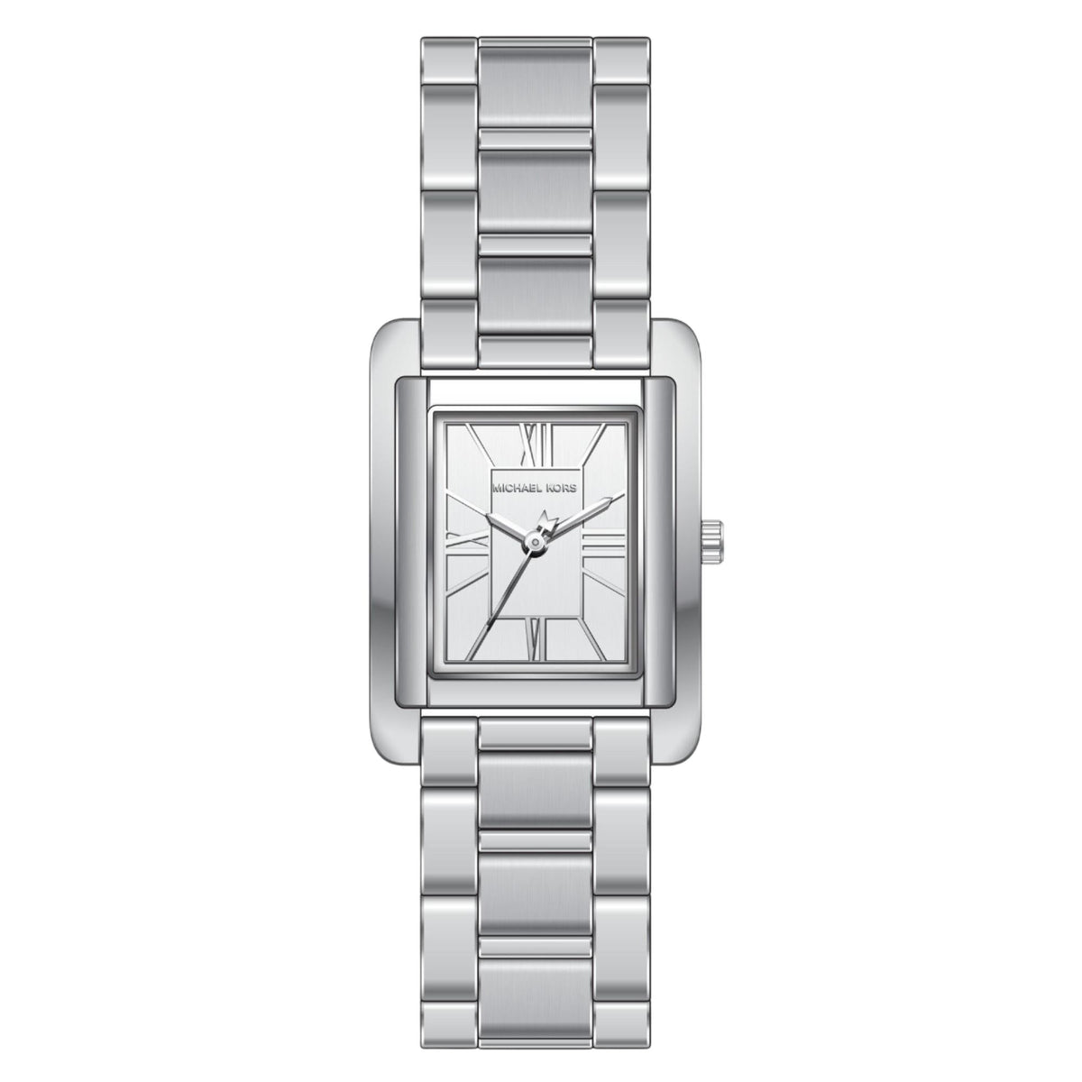 Michael Kors Essex MK4906 ladies rectangular watch front view featuring a silver dial and stainless steel bracelet
