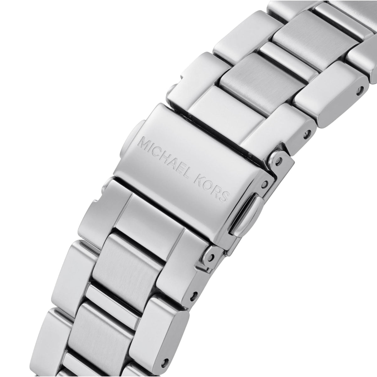 Michael Kors Essex MK4906 close-up view of the stainless steel bracelet highlighting the engraved folding clasp