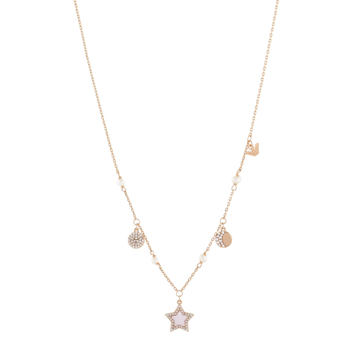 Rose gold-tone brass station necklace with star pendant and pearl-like bead charms