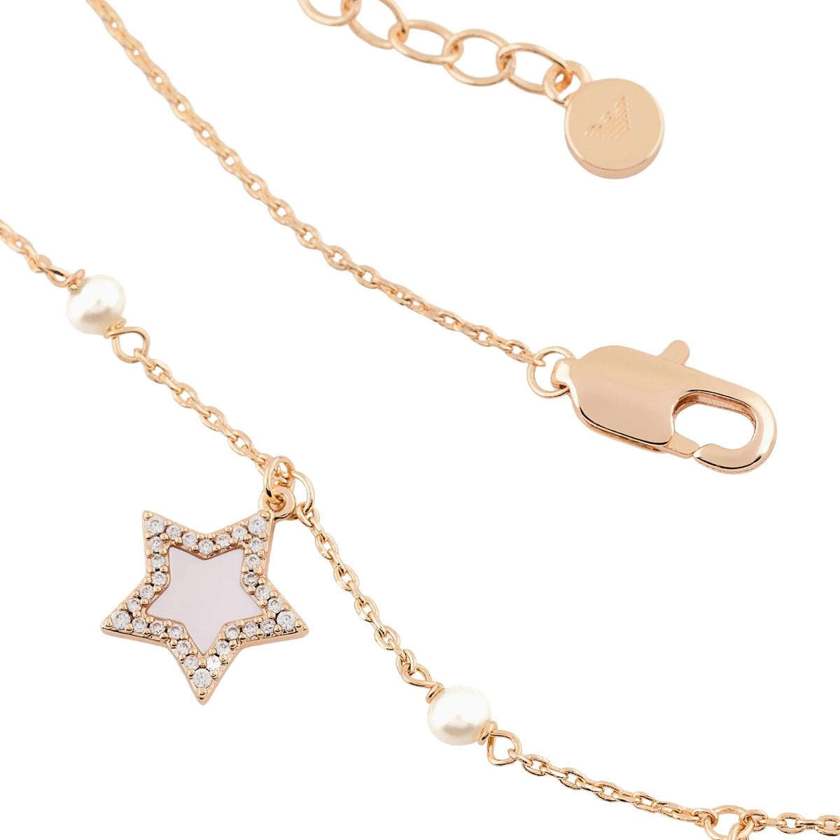 Rose gold-tone chain necklace with star charm, coin charm, pearl-like bead station