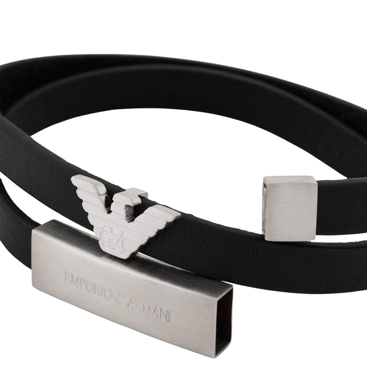 Black leather ID bracelet with silver-tone rectangular plate and eagle emblem