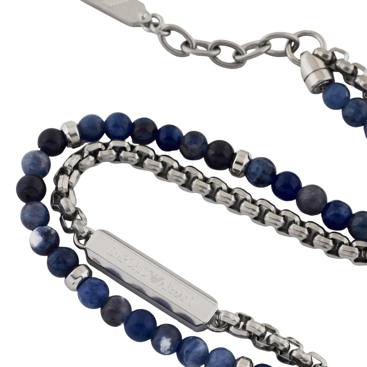Close-up view of Emporio Armani mens double-row bracelet EGS3323040 showing engraved steel ID plate and natural sodalite beads