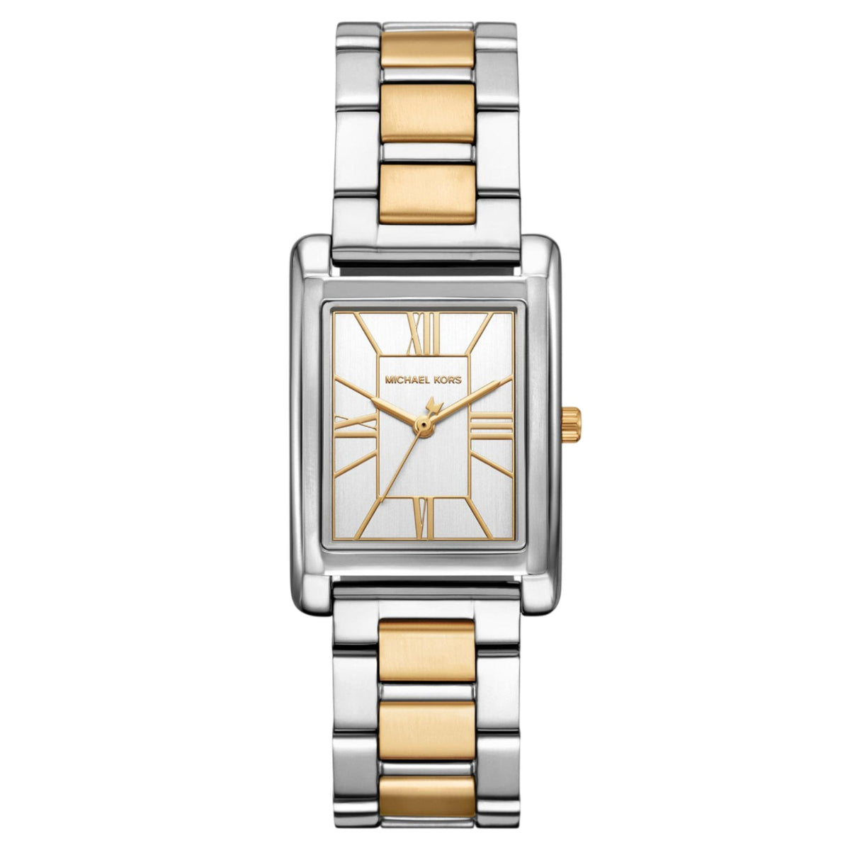 Michael Kors Essex MK4967 ladies rectangular watch front view featuring a silver dial and two-tone steel bracelet