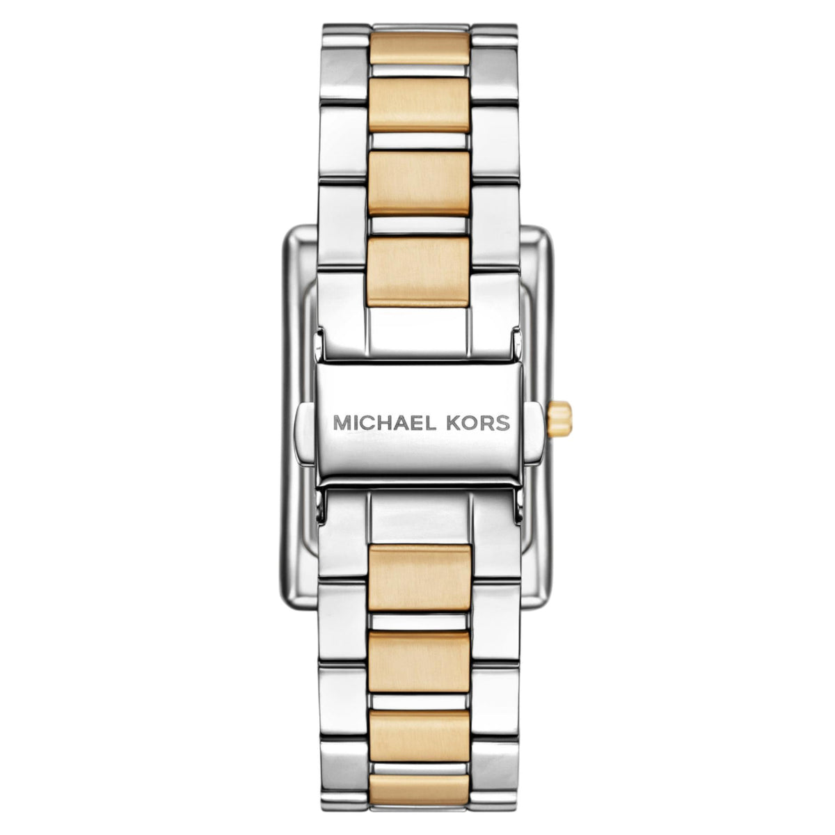 Michael Kors Essex MK4967 rear view showing the two-tone steel bracelet and engraved folding clasp