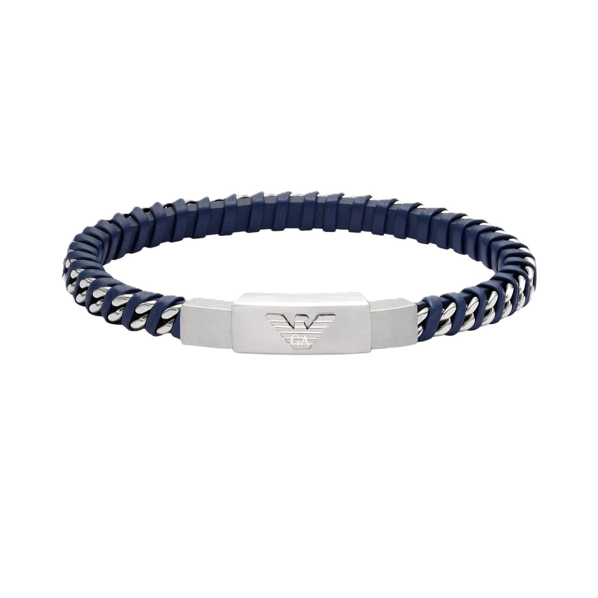 Men's navy woven leather bracelet with stainless steel ID plate and logo clasp