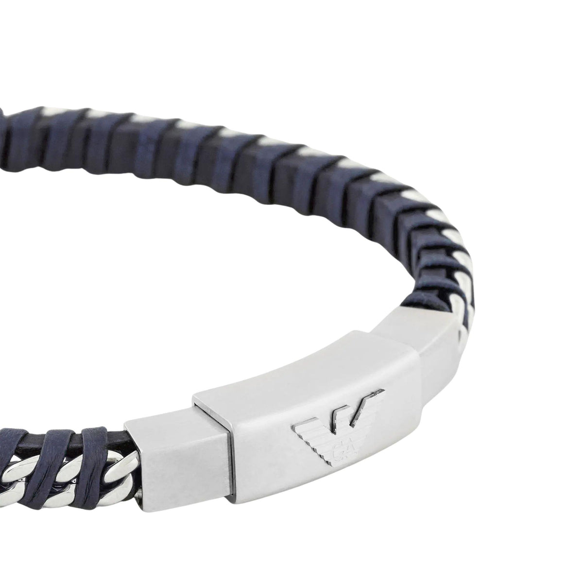 Stainless steel rectangular ID clasp with navy woven leather bracelet