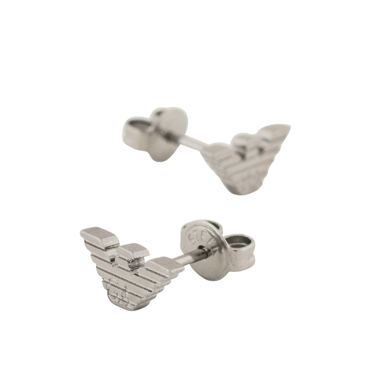 Close-up view of Emporio Armani mens earrings EGS3318040 displaying textured eagle motif posts and butterfly backs