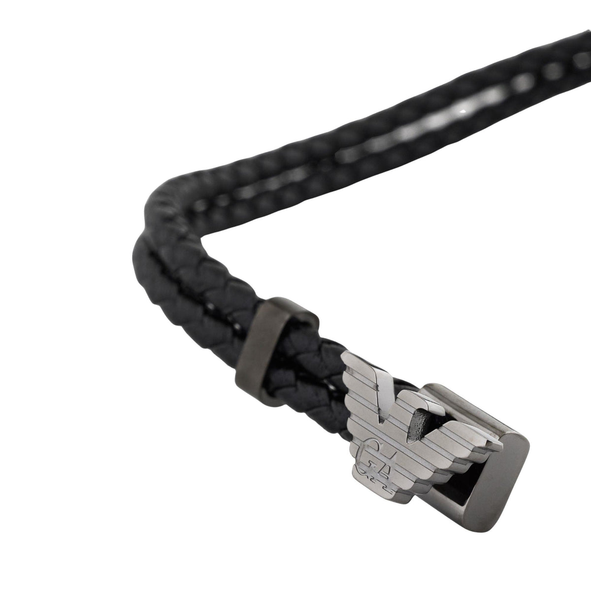 Close-up view of Emporio Armani mens gunmetal-tone stainless steel leather bracelet EGS3322060 showing textured eagle logo fastening
