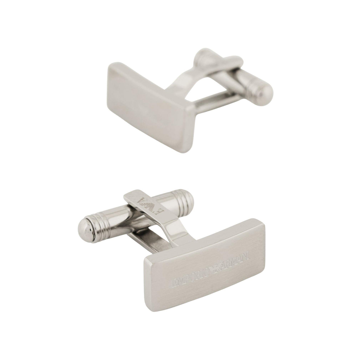 Stainless steel cuff links with rectangular face, engraved logo, polished finish