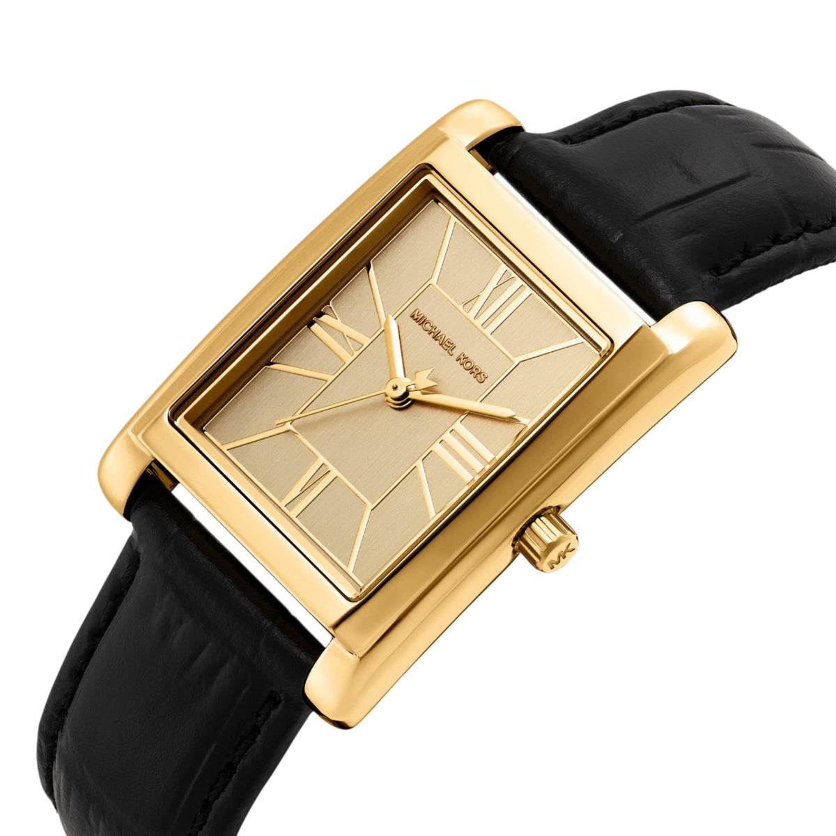 Michael Kors Essex MK4965 angled perspective highlighting the gold dial Roman numerals and gold-tone crown