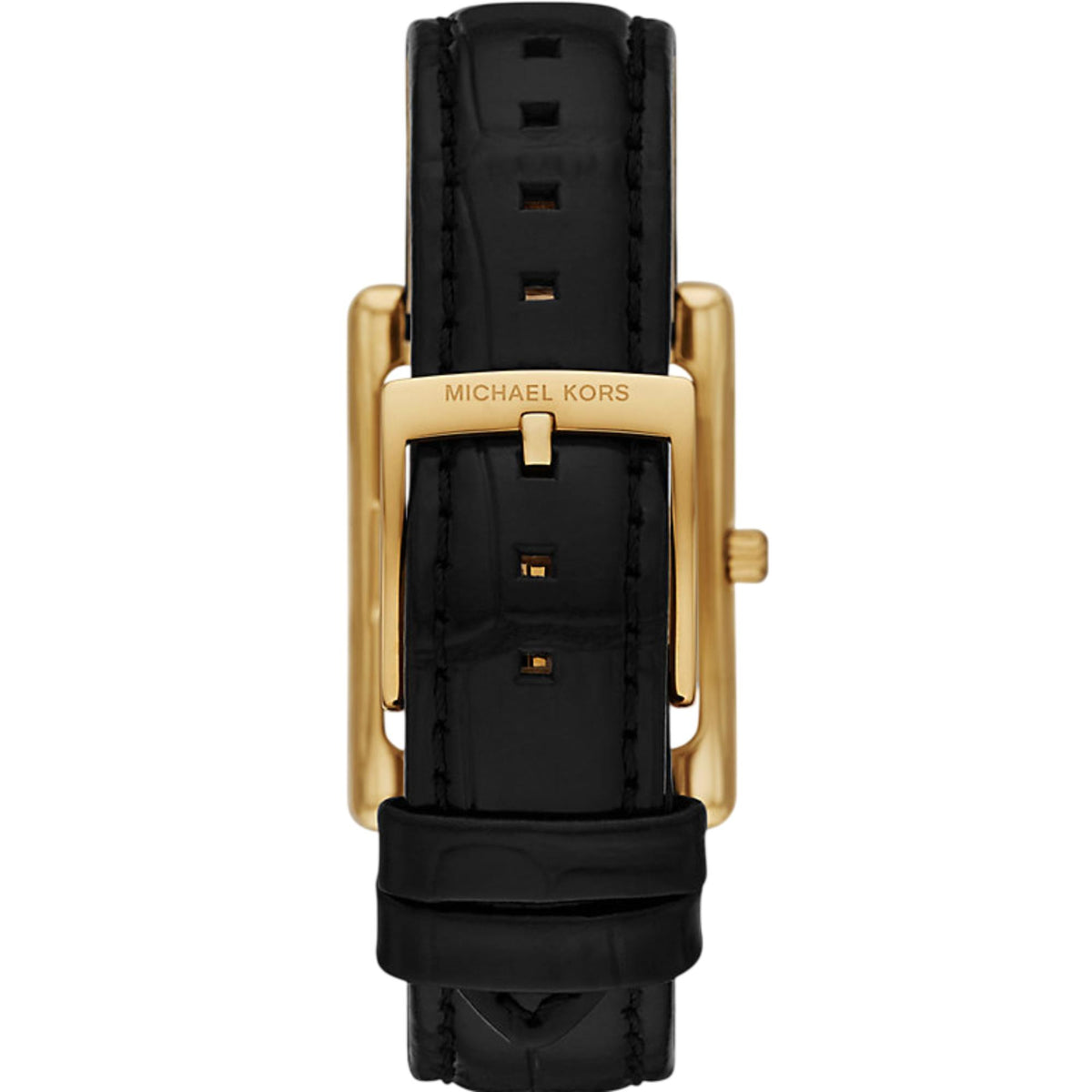 Michael Kors Essex MK4965 back view of the black leather strap and gold-tone buckle closure