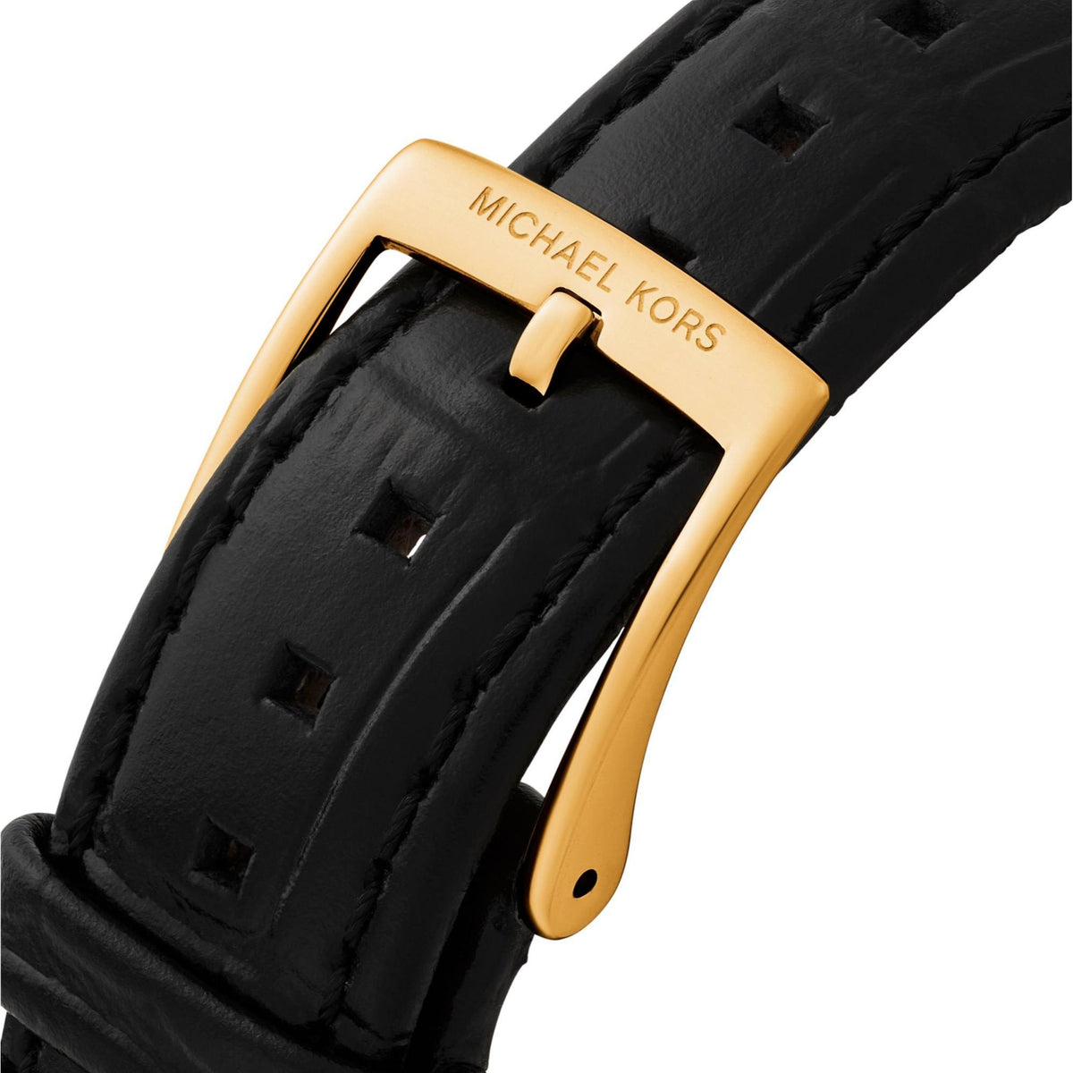 Michael Kors Essex MK4965 close-up view of the black leather strap featuring an engraved gold-tone pin buckle