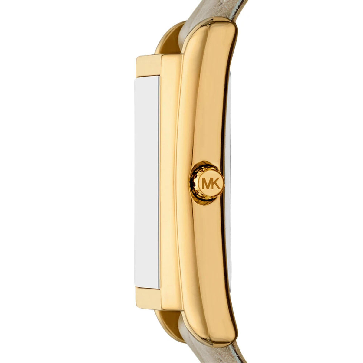Women’s watch side view with gold-tone case, crown, MK medallion, and gray leather strap.