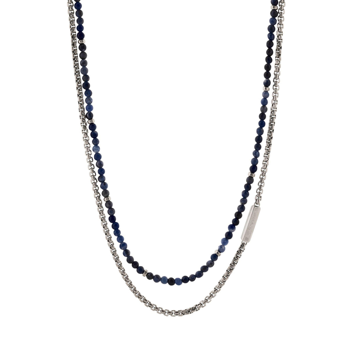 Frontal view of Emporio Armani mens ID stainless steel and blue sodalite beaded double-strand necklace EGS3312040