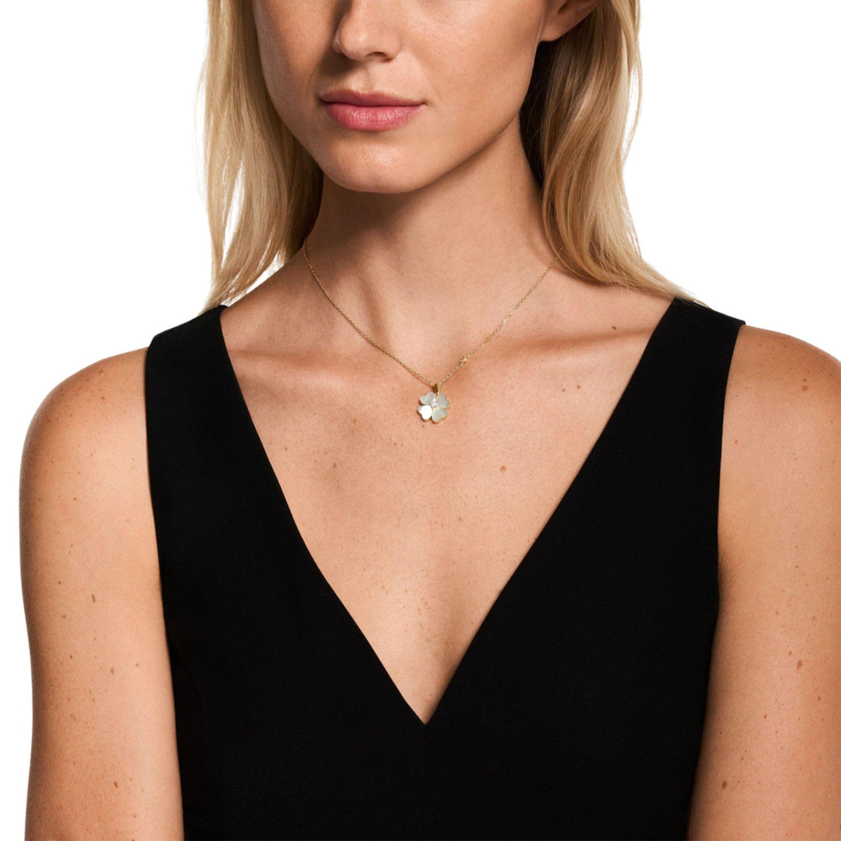 Model wearing Emporio Armani Sentimental womens gold clover pendant necklace EGS3347710