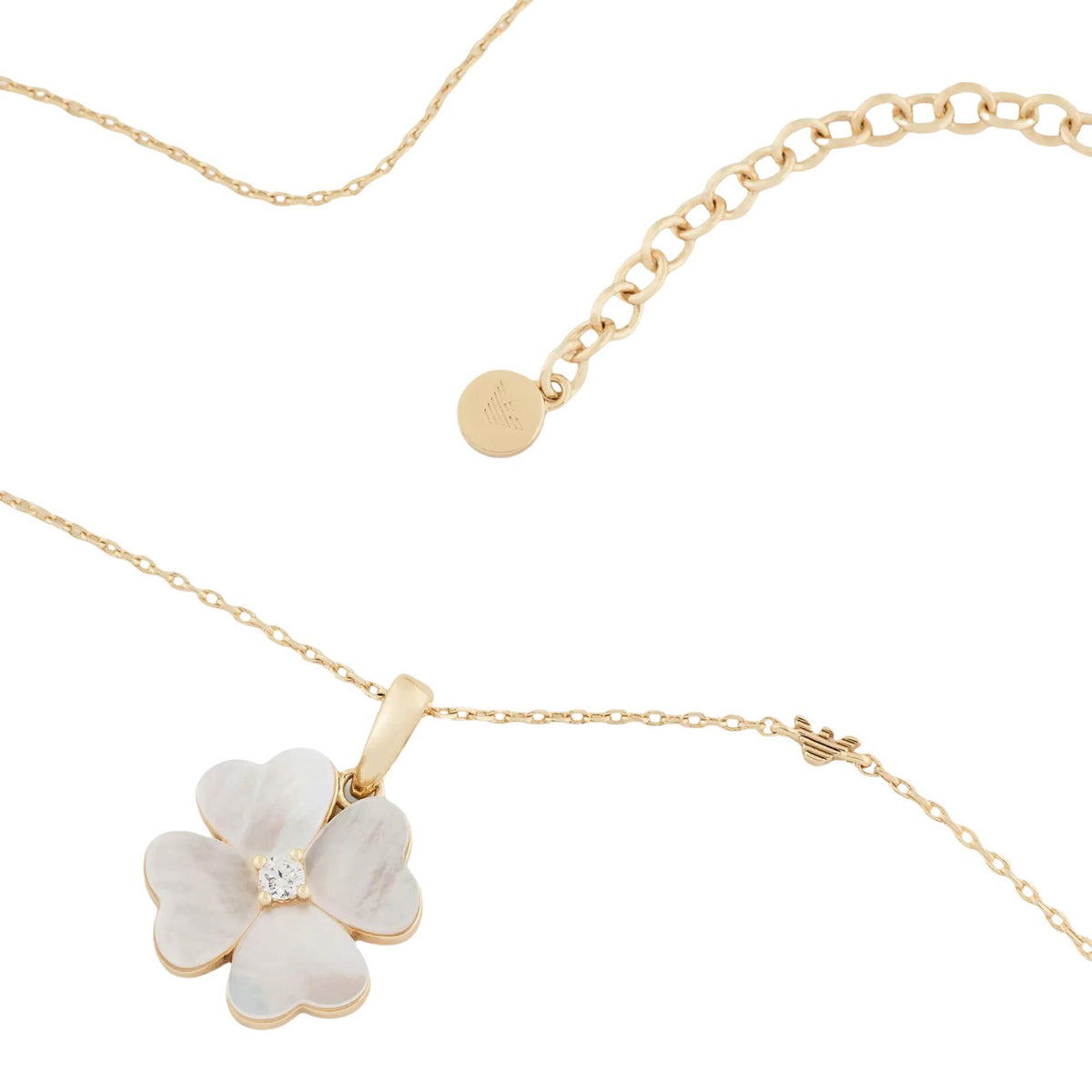 Close-up view of Emporio Armani Sentimental womens necklace EGS3347710 showing mother-of-pearl floral charm with central crystal detail