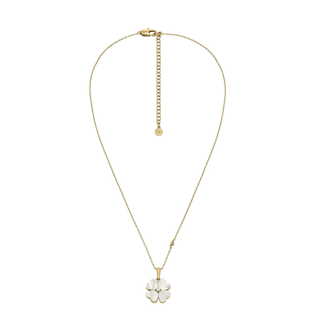 Full layflat view of Emporio Armani Sentimental womens gold-tone clover necklace EGS3347710 showing full chain and pendant length