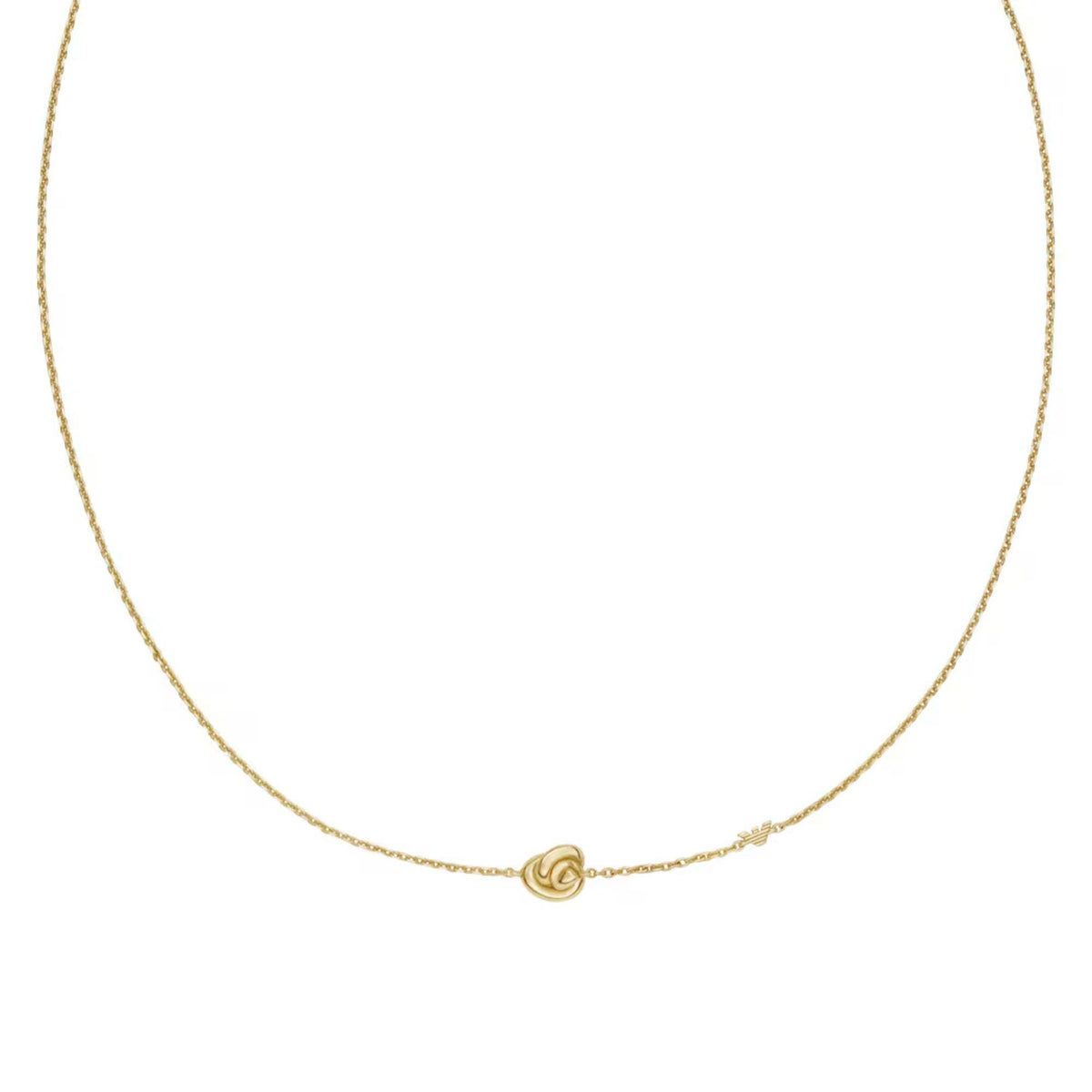 Gold tone knot pendant necklace with fine chain and small round clasp