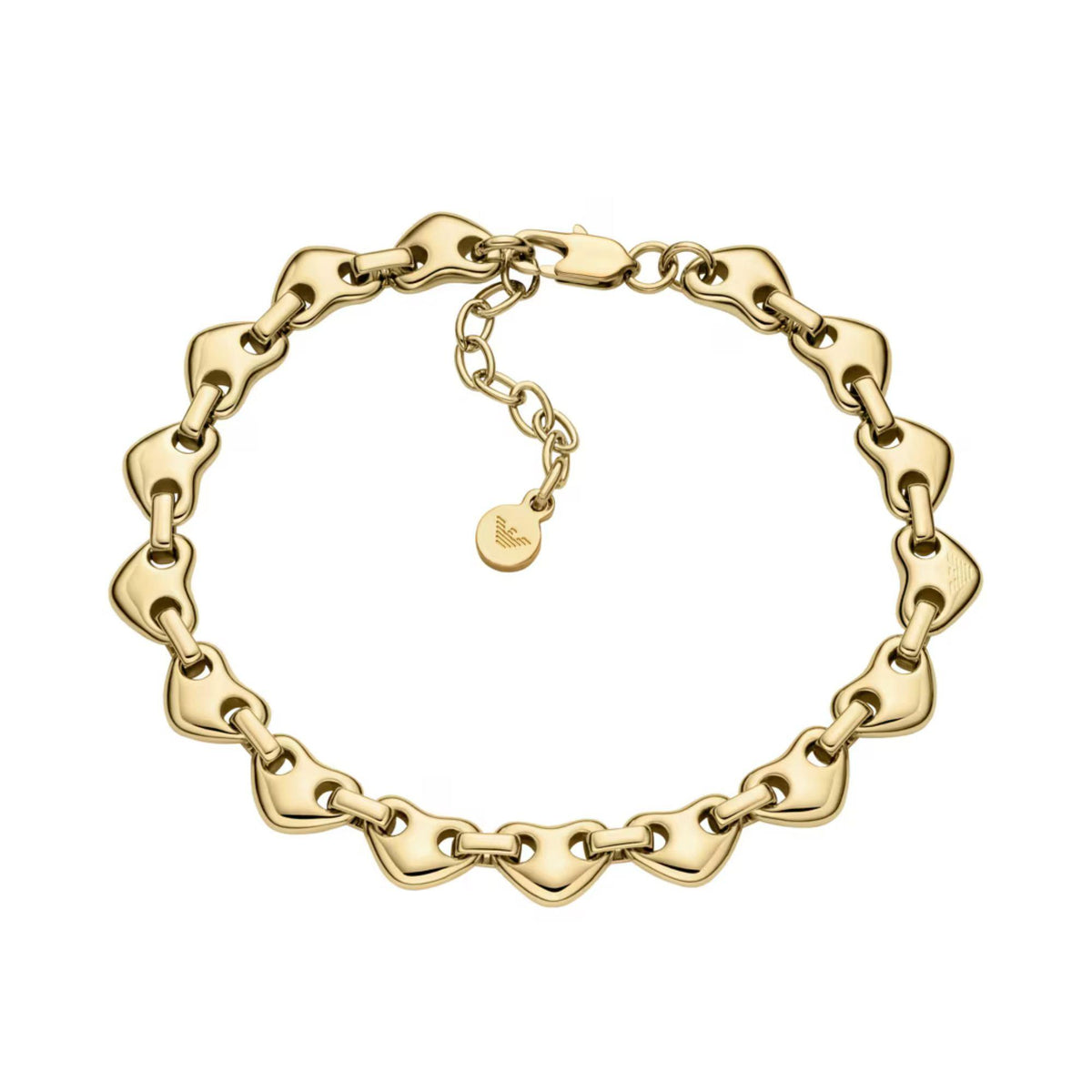 Gold-tone link chain bracelet with small round charm and hinged clasp