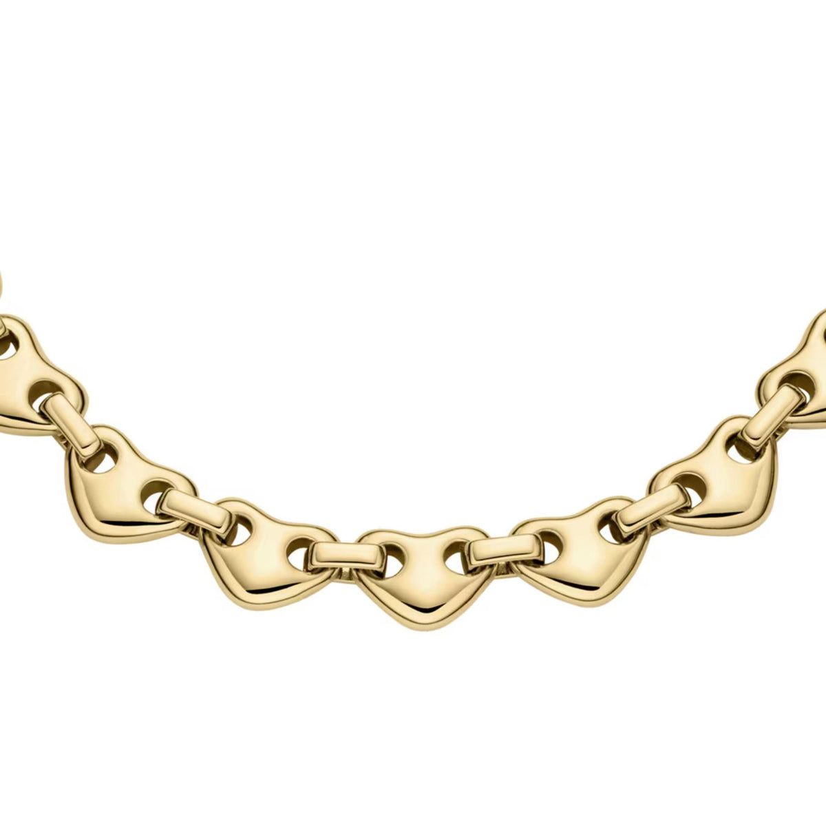 Close-up of gold-tone link chain bracelet with scalloped bar links
