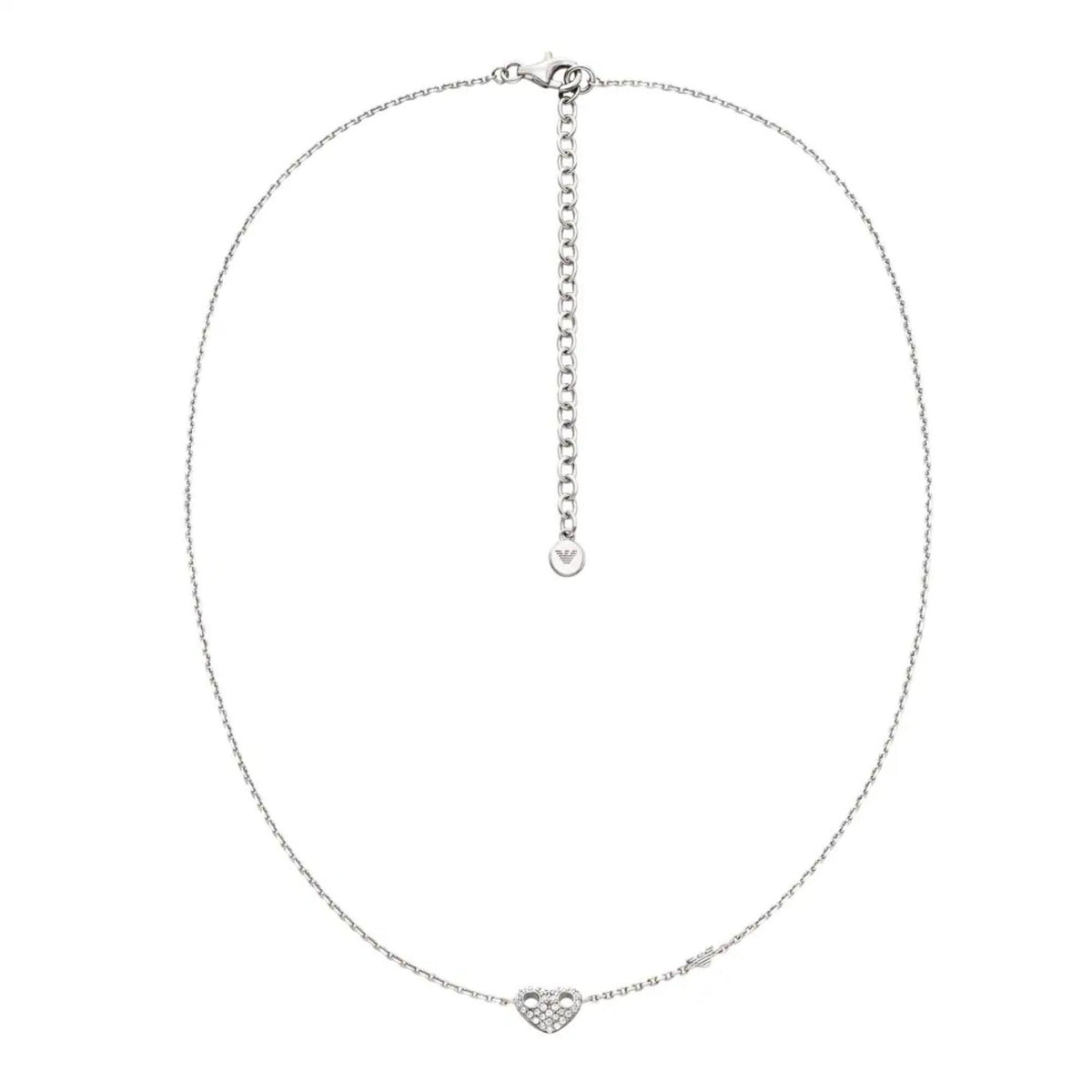 Full layflat view of Emporio Armani Marina's Love womens sterling silver chain necklace EG3646040 with heart motif and adjustable closure