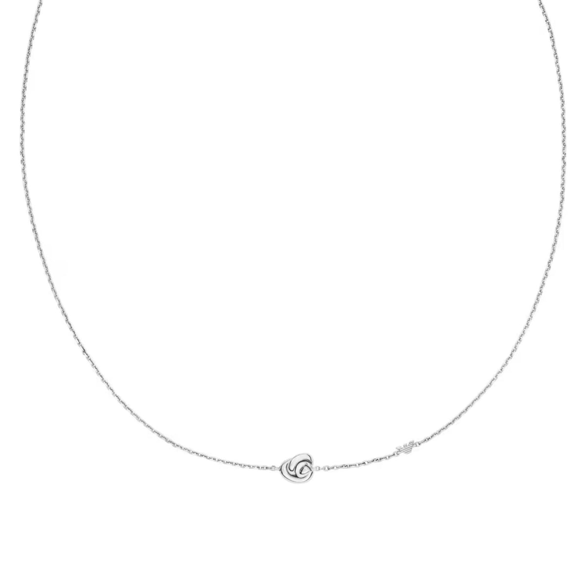 Close-up view of Emporio Armani Paramour ladies sterling silver necklace EG3642040 featuring a delicate knot pendant motif