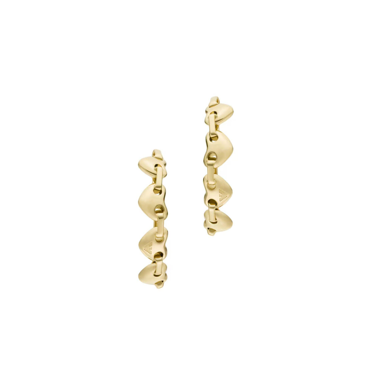 Gold-tone heart-link hoop earrings, visible from the side